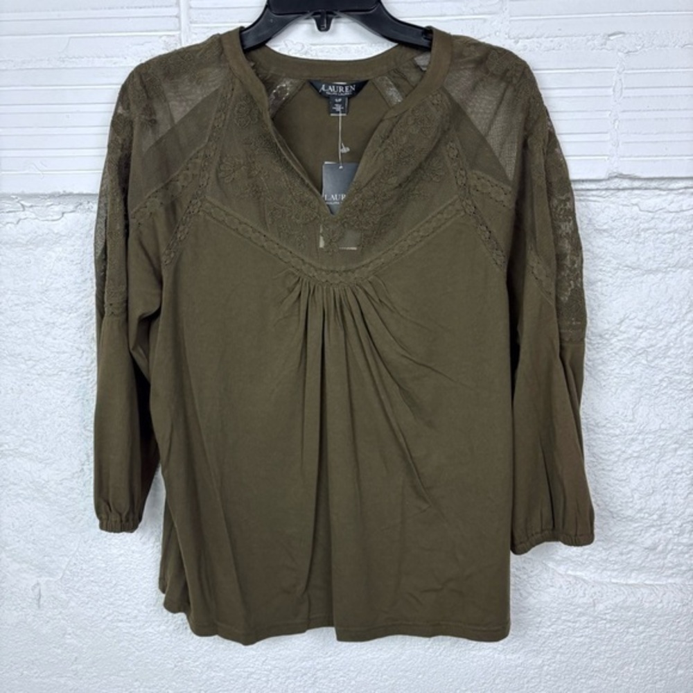 NWT Lauren Ralph Lauren Olive Green sheer embroidered lace V neck Top SZ small